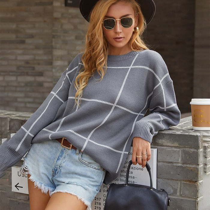 Autumn Women Sweater Pullover Casual O-Neck Loose Plaid Patchwork Pullovers Coat 2021 Casual Female knit Outwear sweater