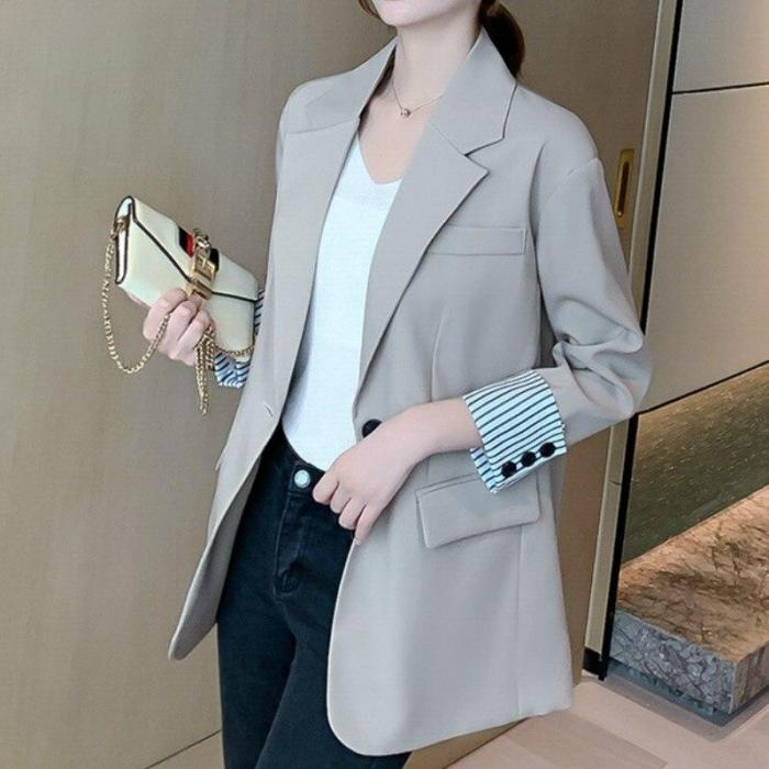 2020 New Grey Black Red Pink Blazer Women Solid Color Thin Pocket Spring Autumn Jackets Office Casual Loose Korean Blazer Female