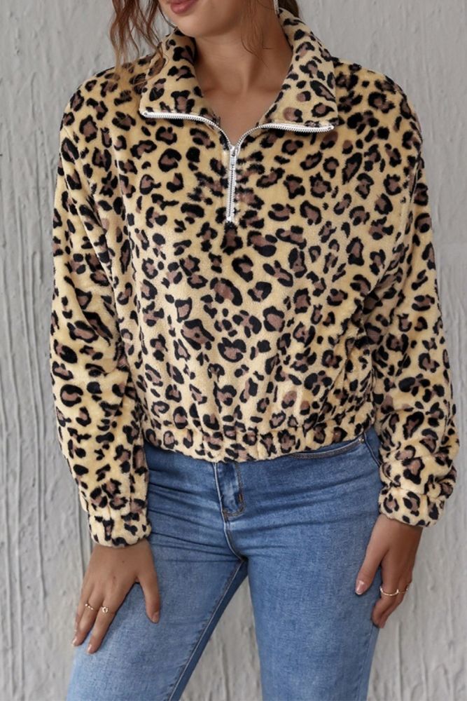 Winter Women's Warm Plush Top Lapel Zipper Long-sleeved Pullover Fashion Leopard Print Ladies T-shirt Street Wear