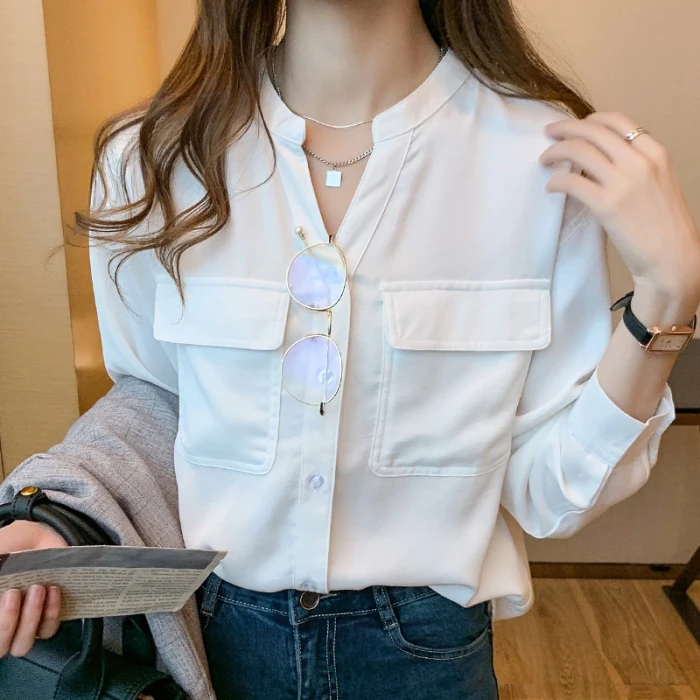 Shirt Women's 2021 Autumn New Style Loose Design Niche V-neck Chiffon Shirt White Shirt Simple Temperament