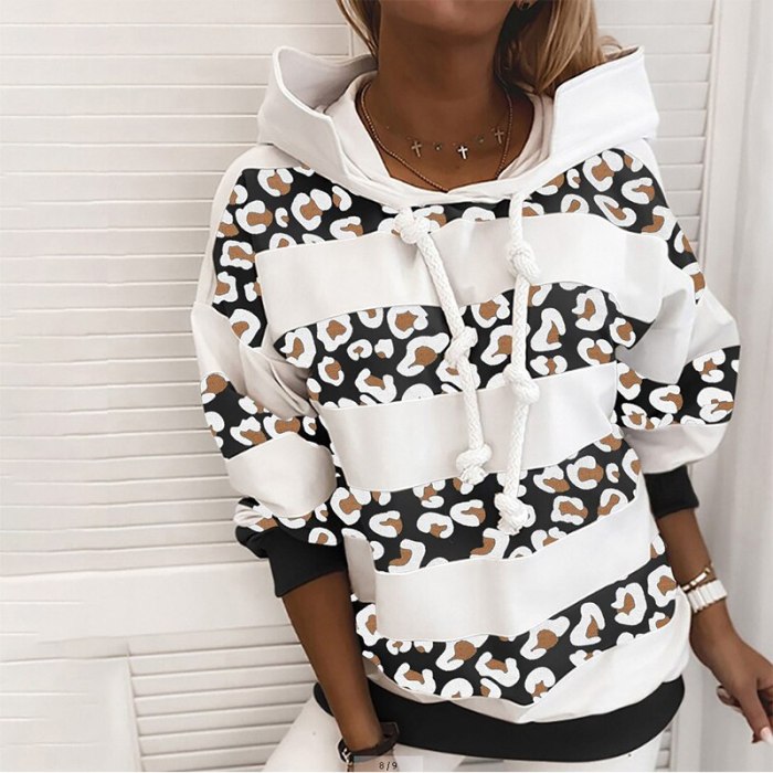 Women Fashion Dot Print Leopard Patchwork Hoodies Autumn Winter Casual Long Sleeve Tops Hooded Drawstring Design Loose Pullovers
