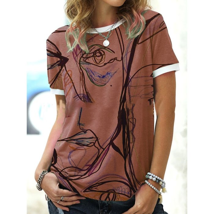 Summer Women's Line Printing Round Neck Short-sleeved T-shirt Personality Art Printing Tops Fashion Casual Women's Clothing