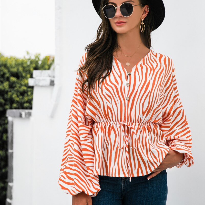 Orange Sexy V-Neck Striped Button Bandage Long-Sleeved T-Shirt Tops Women Autumn 2021 Fashion Black Plus Size Harajuku Clothing