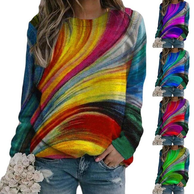 Female Tees Shirts rainbow Print Long Sleeve O-neck Loose Casual Womens Tshirt New 2021 Tops Pullovers Autumn Clothing Ladies