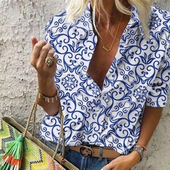 2021 Autumn Vintage Print Blouse Women Elegant Long Sleeve Work Office Shirt Tops Ladies Turn-down Collar Stylish Blouses