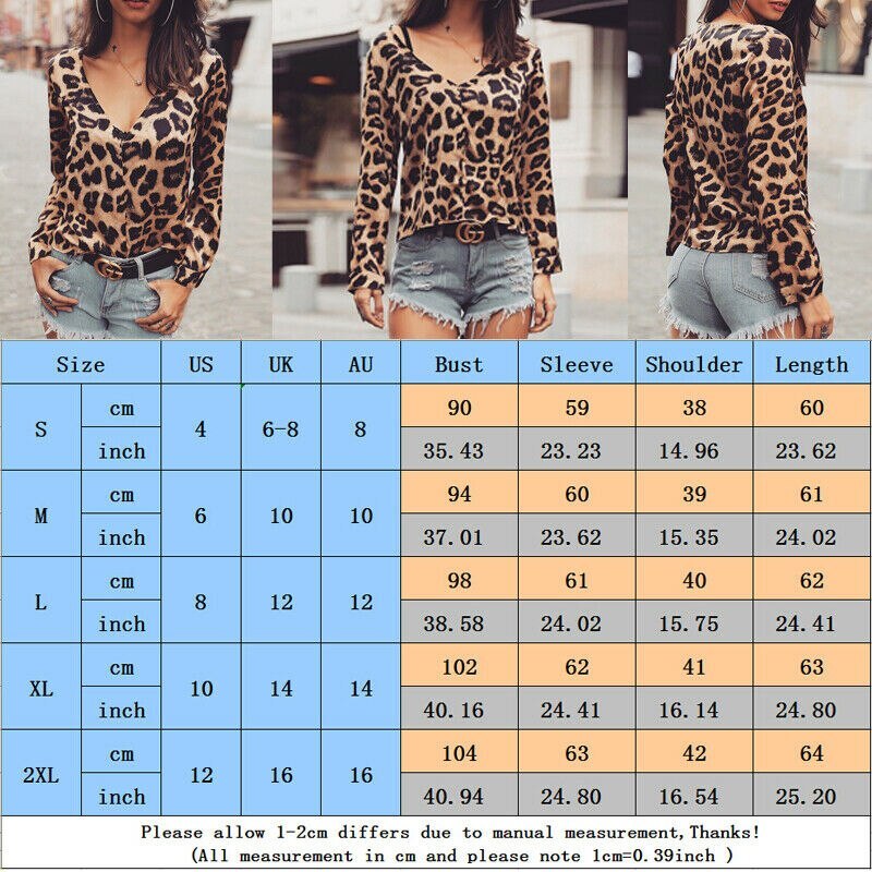Womens V Neck Leopard Print Sexy Long Sleeve Loose Tops Casual Tee Shirt T Shirts Plus Size S-XXL
