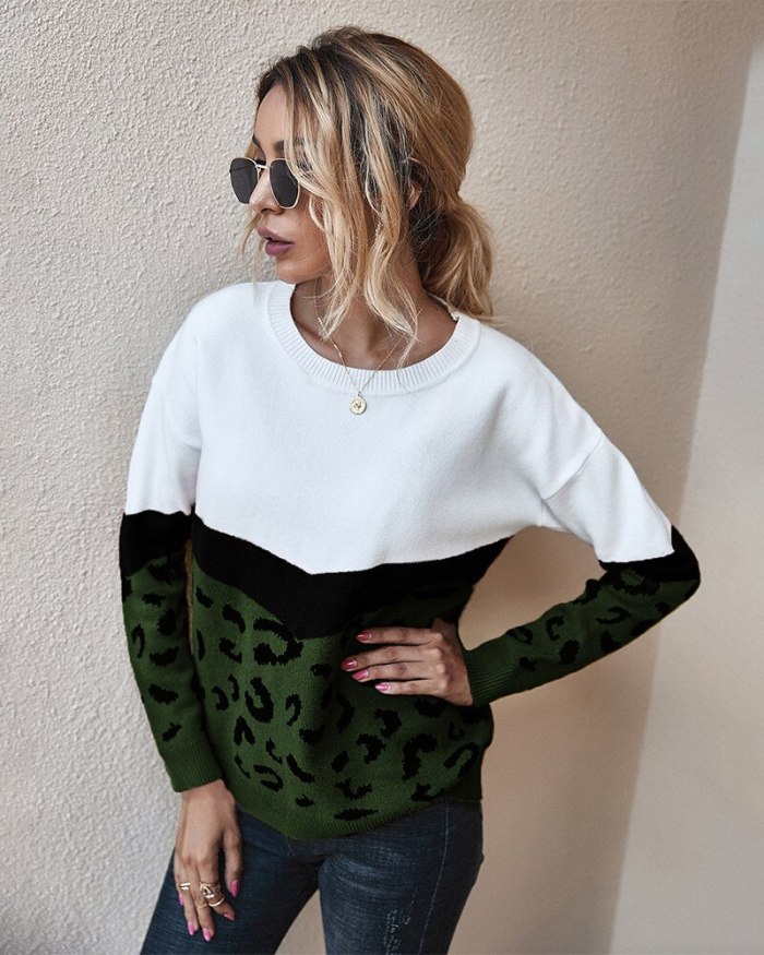 2021 Fashion Leopard Patchwork Autumn Winter Ladies Knitted Sweater Women O-neck Full Sleeve Jumper Pullovers Top