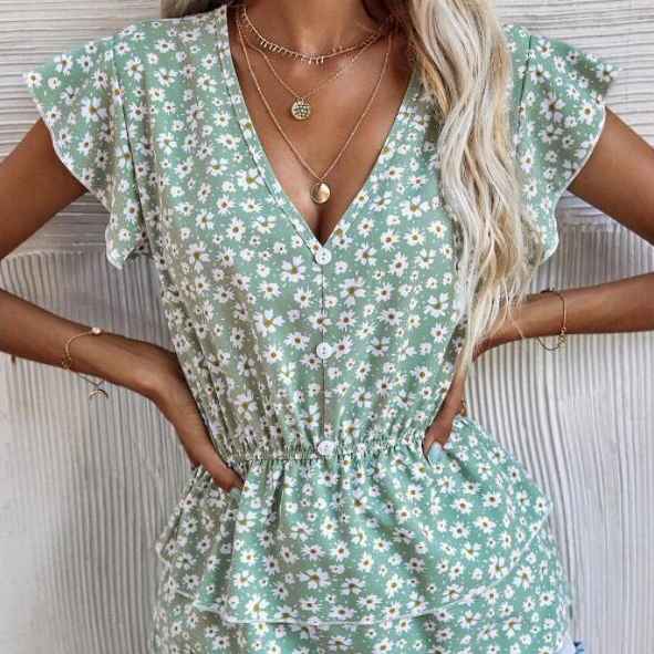 Casual Floral Printed Summer V Neck Blouse Shirts Women Fashion Short Sleeve Simple Ruffle Chic Button Ruched Office Slim Top