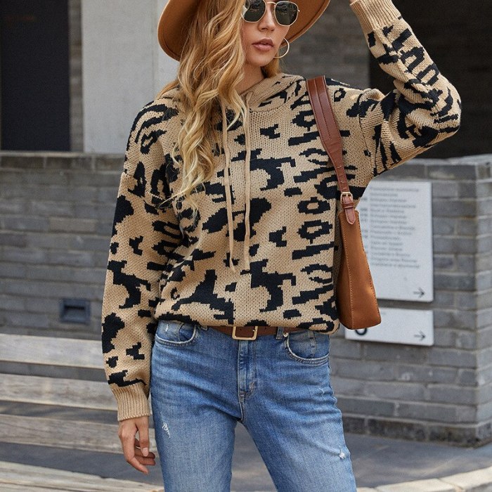 Cross-border sweater women 2021 new sweater leopard print drawstring hooded sweater