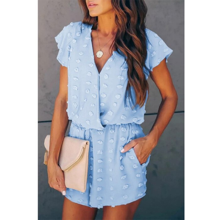 2021 Summer New Fashion V-Neck Playsuits Jumpsuit for Women Casual Short Sleeve Loose Solid Embroidery Thin Female Jumpsuits