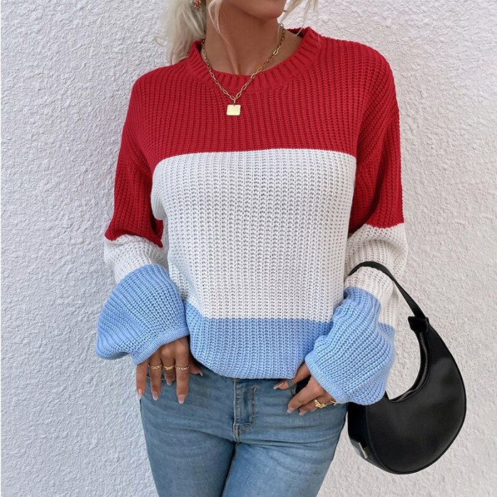 Fall/Winter New Women's Fashion 2021 Europe and America Contrasting Color Knit Sweater Lantern Sleeve Pullover cropped sweater