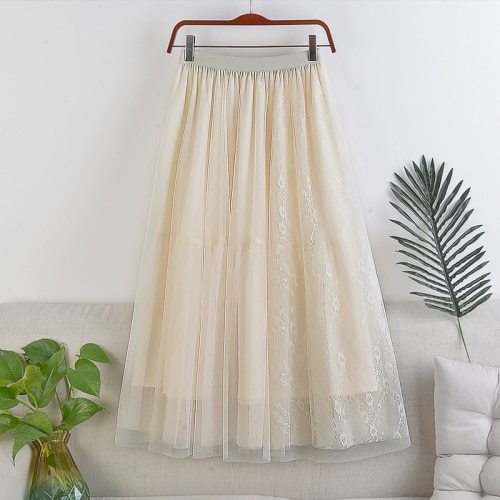 Double-layer Mesh Lace Stitching Mid-length Skirt, New High-waist A-line Large Elastic Waist Long Skirt, Spring and Autumn Women