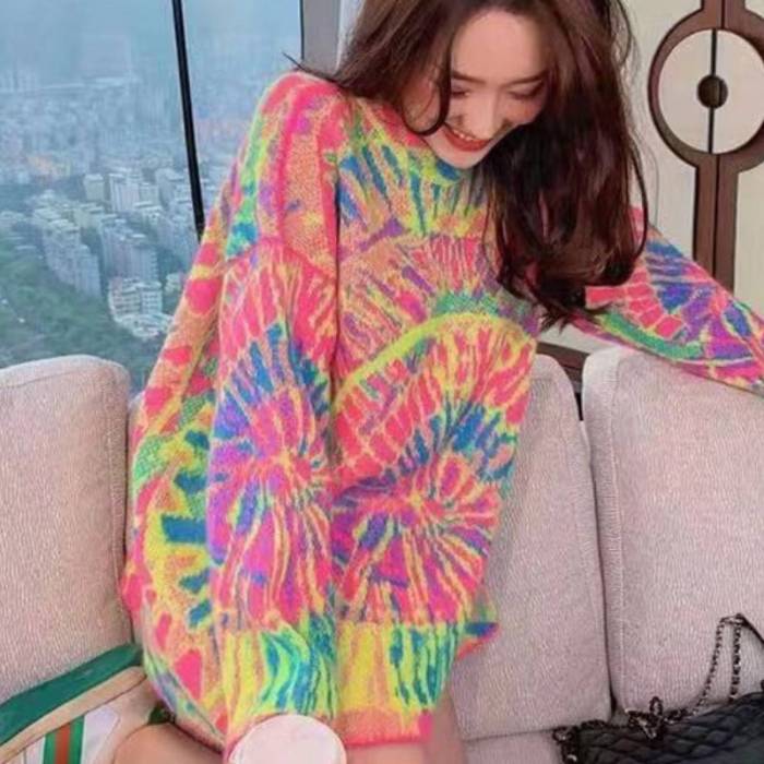Ladies loose sweater Korean fashion spring O-neck pullover loose jacquard design casual wild midi knitted pullover