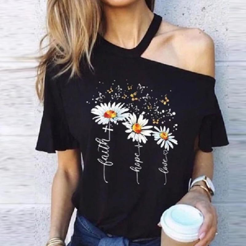 Round Neck Chrysanthemum Print Strapless Ladies T-shirt