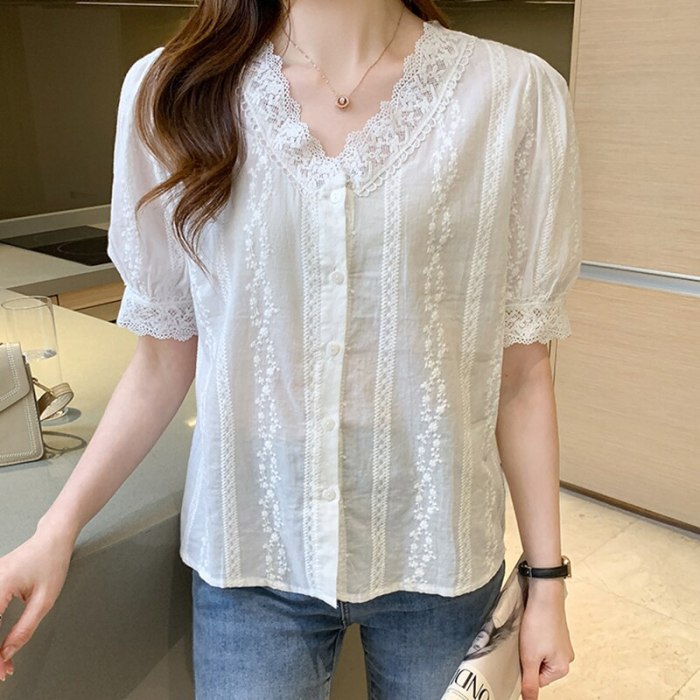 V-Neck Lace Button White Shirt Women Clothes 2021 Summer Tops England Style Short Sleeve Womens Blouses Shirts Chemisier Femme