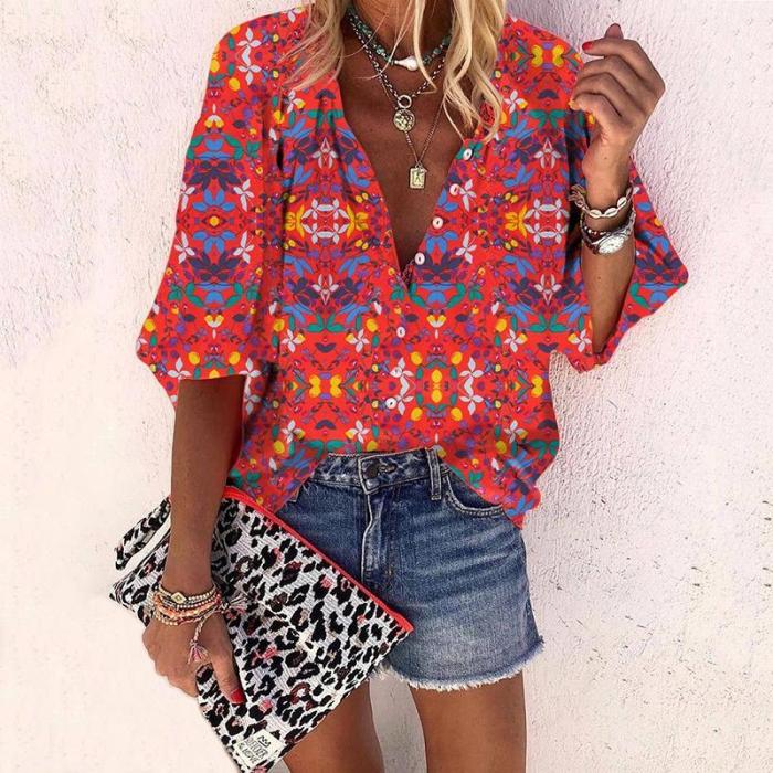 Exotic Bracelet Sleeve Printed Color Single-breasted Blouse