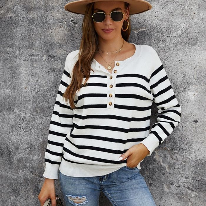 2022 Spring Autumn Women Sweater Buttons Knitted Pullovers Striped Casual Fashion Wild Vintage Ladies Long Sleeve Knitwear Tops