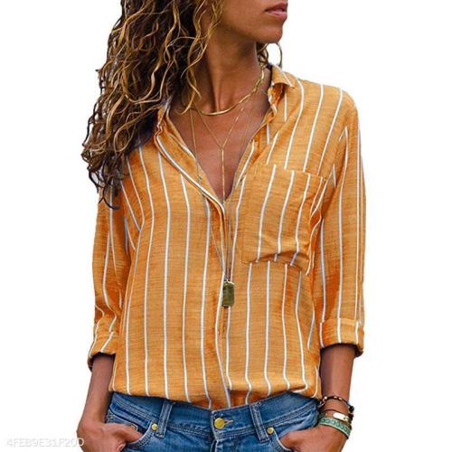 Fashion Stripes Lapel Pocket Long Sleeve Blouses