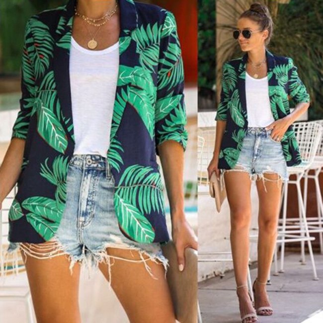 Women Blazer Leaf Printed Green Blazer Coat Three Quarter Sleeve Single Breasted Women's Slim Suit Jacket Autumn 2020