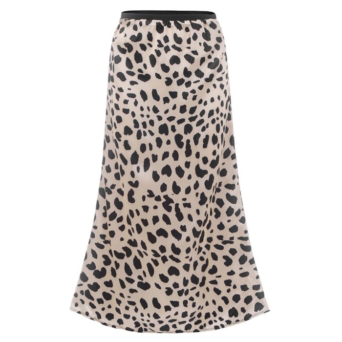High Waist Leopard Midi Skirt Female Hidden Elasticized Waistband Silk Satin Skirts Slip Style Animal Print Skirt Women Plus