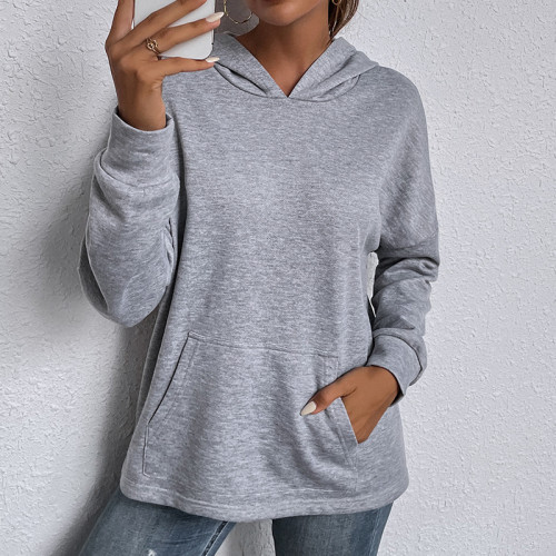 Women Fashion O-neck Solid Color Hood Pocket Long Sleeves Sweater Tops