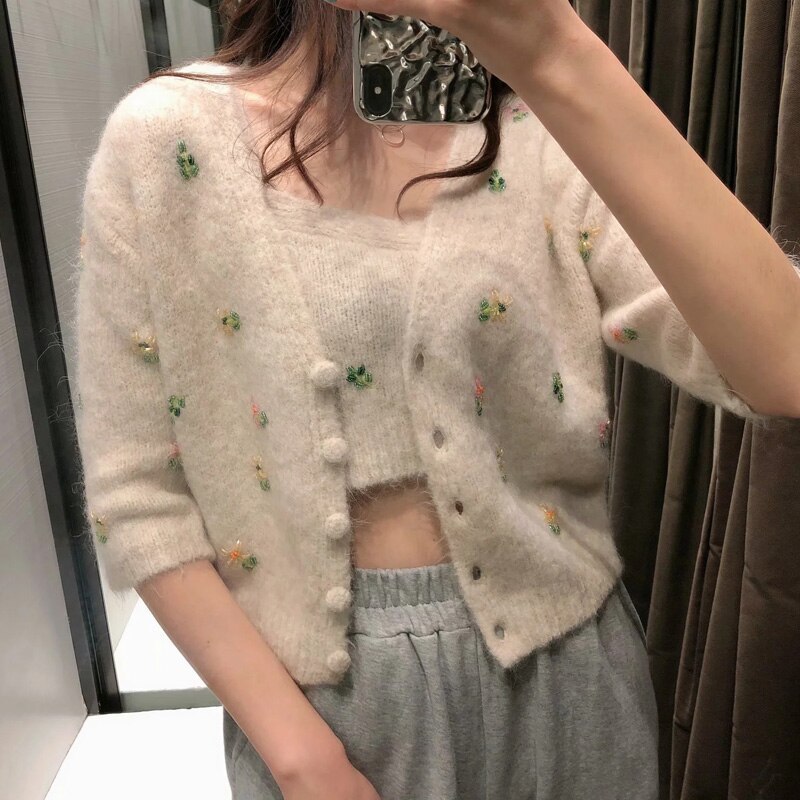 Women Embroidery Beaded Knitted Cardigan Button Down Cardigan