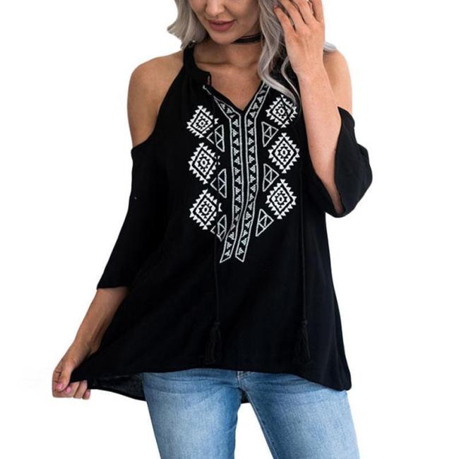 Bohemian Printed Tassel Hollow Out Blouses