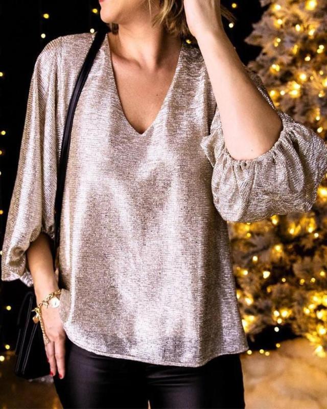 Sequin V Neck Lantern Sleeve Top