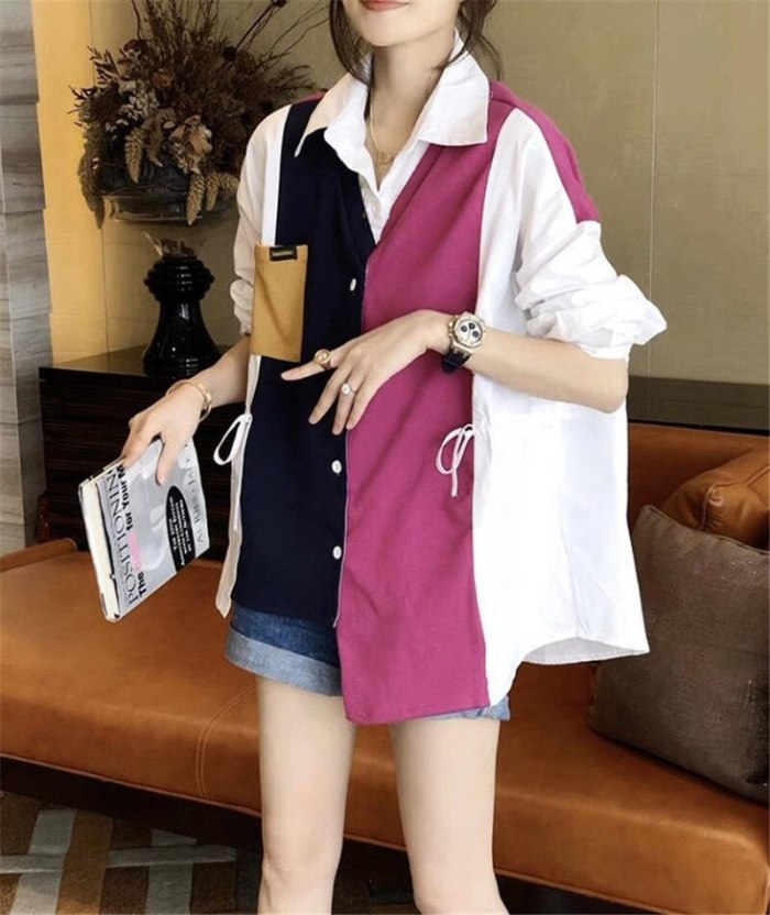 British Style 2021 Autumn New Womens Contrast Stitching Shirts Loose Vasual Oversized Street Style Female Knitted Top Trend e136