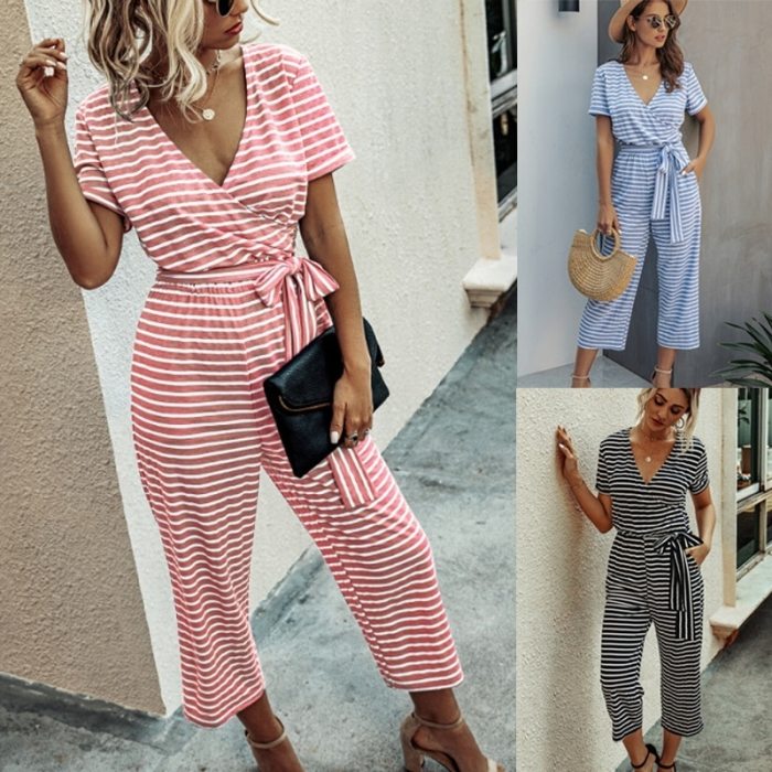 2021 New Fashion Women Short Sleeve Jumpsuit Sexy Ladies V-neck Striped Rompers Pants Casual Trousers