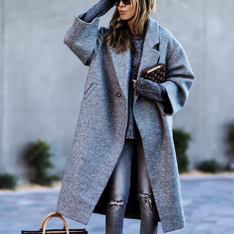Fashion Solid Color Lapel Woollen Coat