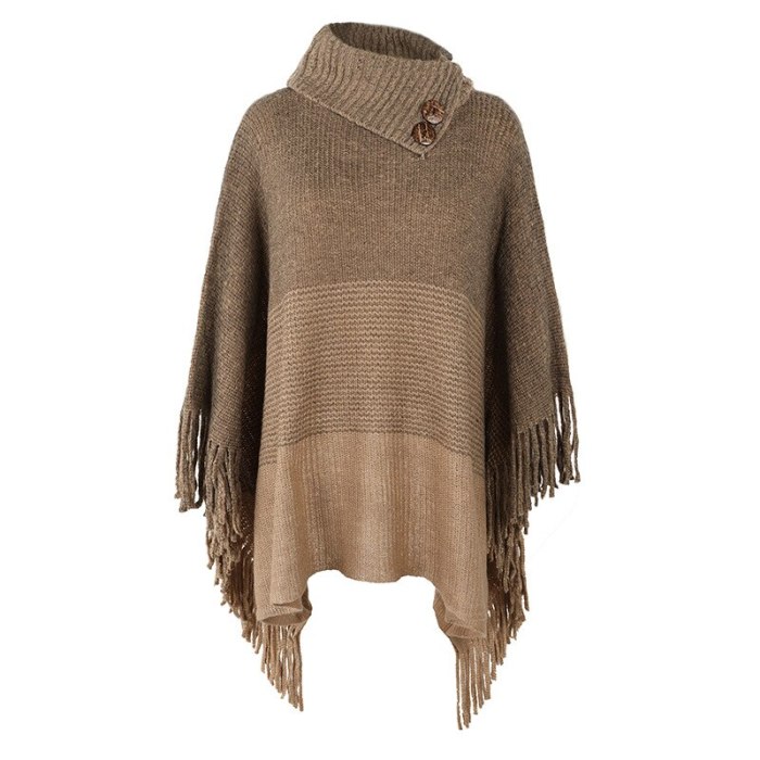 2021 autumn and winter European and American fringed cloak shawl sweater half open collar contrast color sweater women