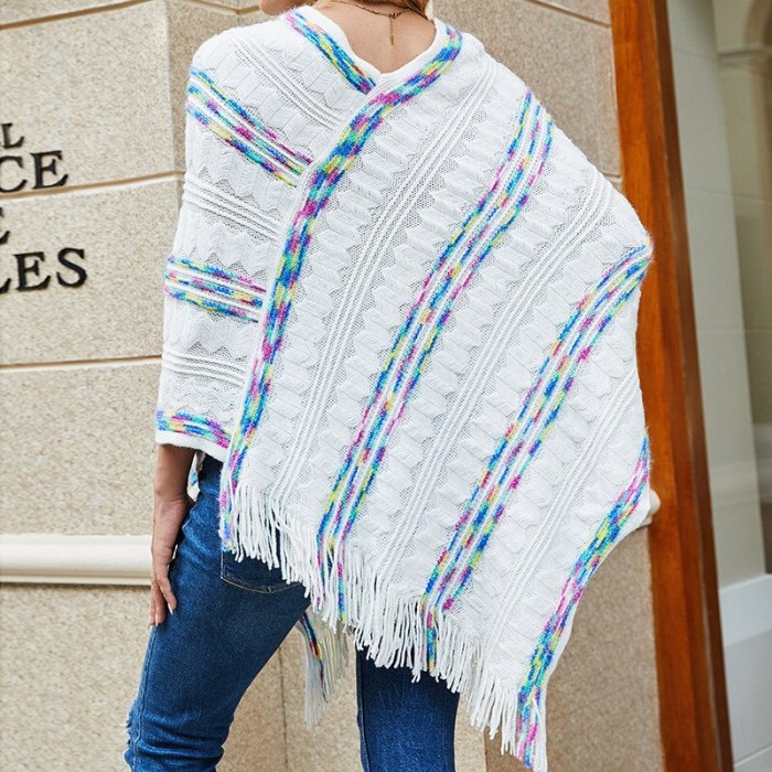 2021 autumn and winter Europe and the United States loose plus size sweater rainbow striped scarf fringed cloak shawl women