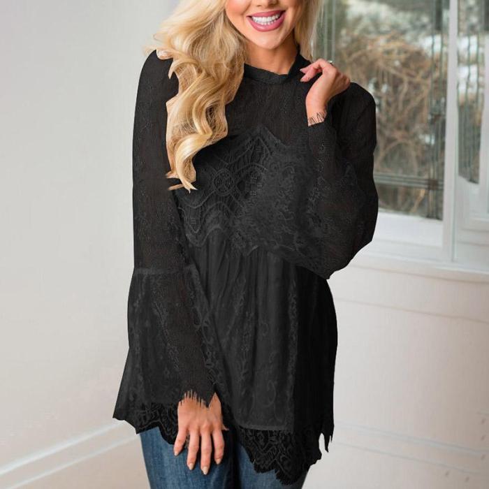 Stand Collar Long Sleeve Irregular Lace Blouses