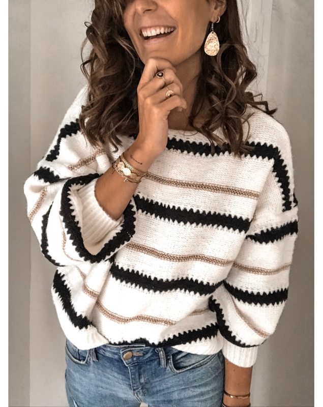 Women Long Sleeve Sweater Loose Patchwork O-neck Pullover