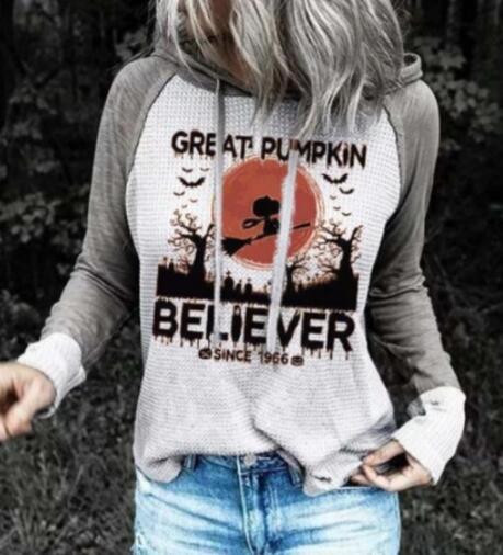 Great Pumpkin Believer Print Long Sleeve Halloween T-shirts Women Autumn Winter Aesthetic Clothes Vintage Tops for Women Ladies