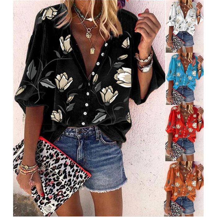 Women Floral Print Blouse Shirt Spring Autumn Casual Long Sleeve Button Up Blouses Tops Office Ladies Loose Blusa Plus Size
