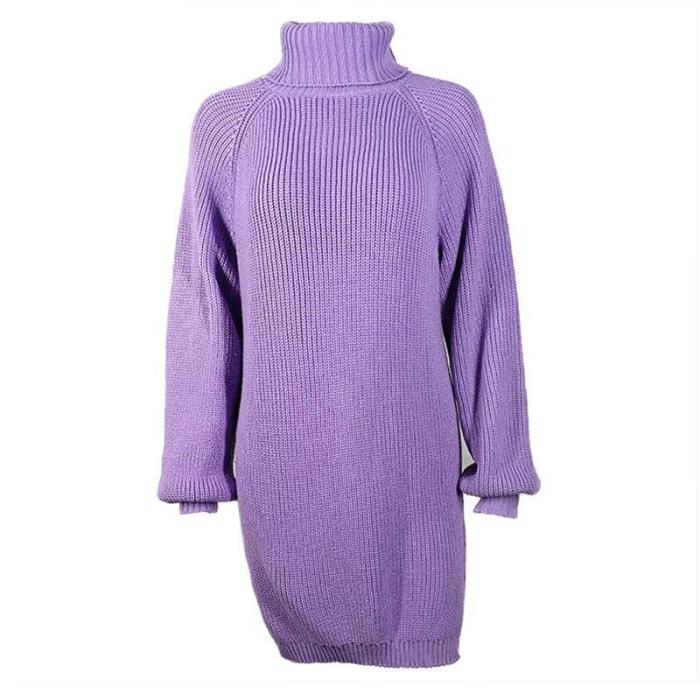 Turtleneck Long Lantern Sleeves Split Oversized Sweater Dress
