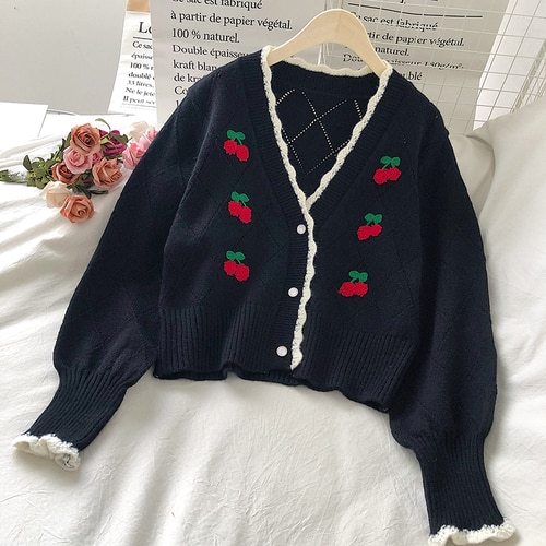 Embroidered Cardigans Puff Sleeve Cherry Sweaters