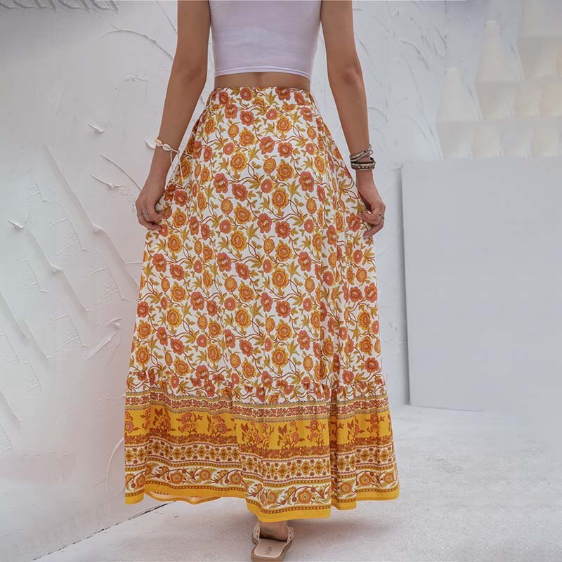 Summer New Printed Skirt Women Clothes Sexy Single-breasted Split Elegant A-line Casual Loose High Waist Plus Size Long Skirt