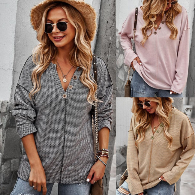 2021 New Autumn Casual Knitted Loose Sweater Women Solid Thin Sweaters Pullovers Women Lady Button V-Neck Pull Jumpers Shirt