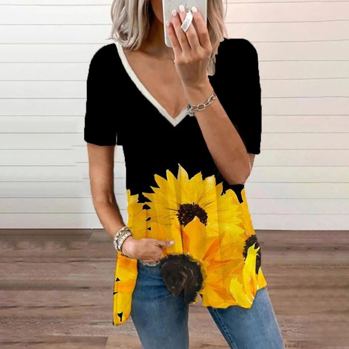 Sexy V-neck Loose Blouse Women's Sunflower Printed Short Sleeve V-neck Fold Casual Blouse Ladies Summer Casual Tee Tops