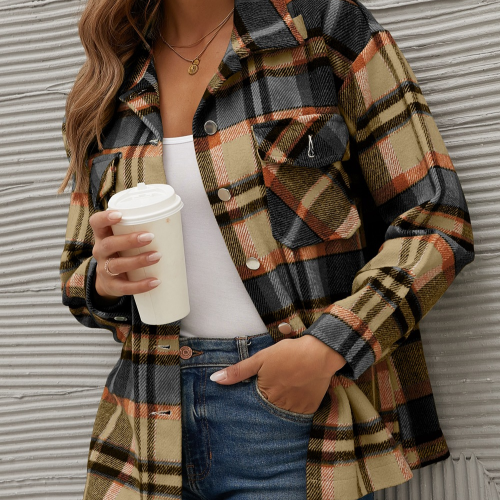 Long Plaid Jacket Women Coat Overshirt Winter Checkered Jacket Female Long Sleeve Shirt Jacket For Women