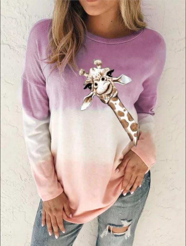 Women Leisure Casual T-shirt Giraffe Print Long Sleeve Top