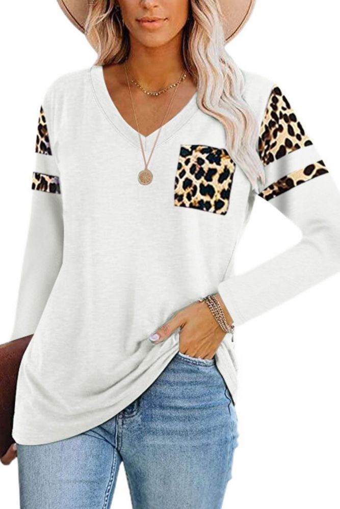 2021 New Arrival Women Fashion Splice Leopard Printing Long Sleeve T-Shirts Casual Loose V-Neck Pullover Cotton T-Shirt Clothing
