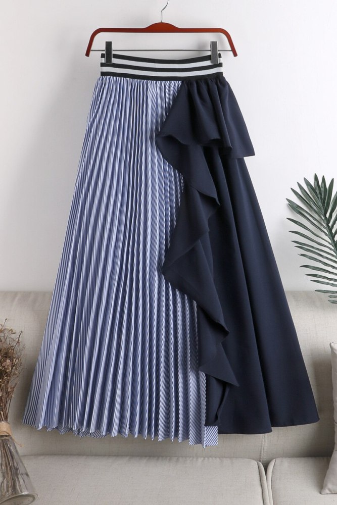 Stitching Irregular Ruffle Skirt 2021 New Korean Version of Elastic Waist Was Thinner Mid-length Striped Female Skirt Fashion