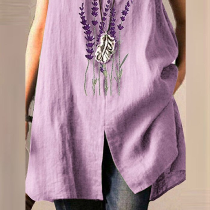 Women Shirt Purple Printes Shirt Tops Casual Loose Sleeveless Shirt Tops 2021 Summer Women Clothes Tunic Blusas Pullover Tops