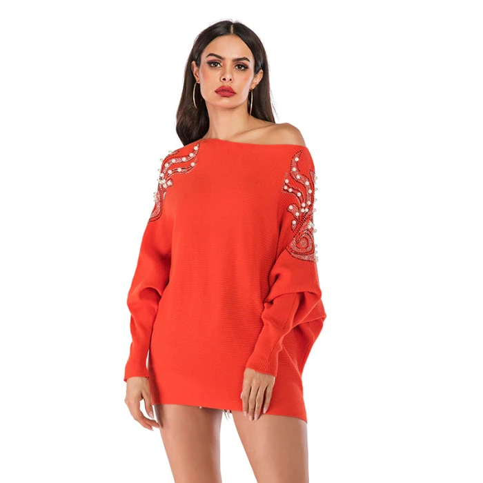 2021 Solid Women Autumn Winter Beading Warm Thick Pullovers Sweaters Batwing Sleeve One Shoulder Casual Loose Jumper