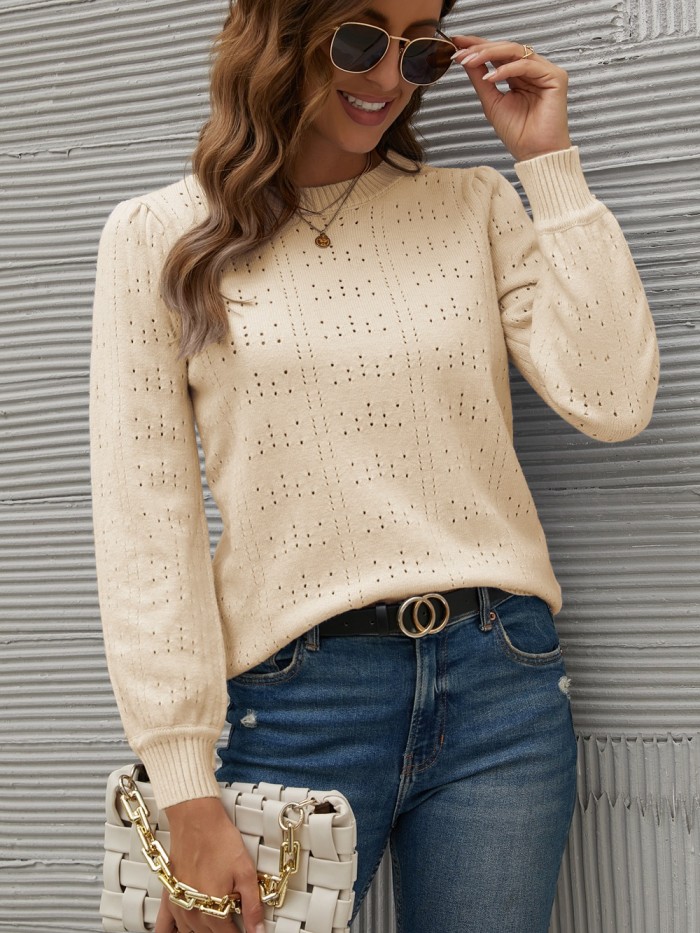 2021 New sweater autumn and winter solid color lantern sleeve hollow sweater women