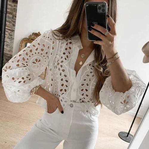 white hollow out cotton womens tops long sleeve shirt women chic turn-down collar sexy blouses shrits for women